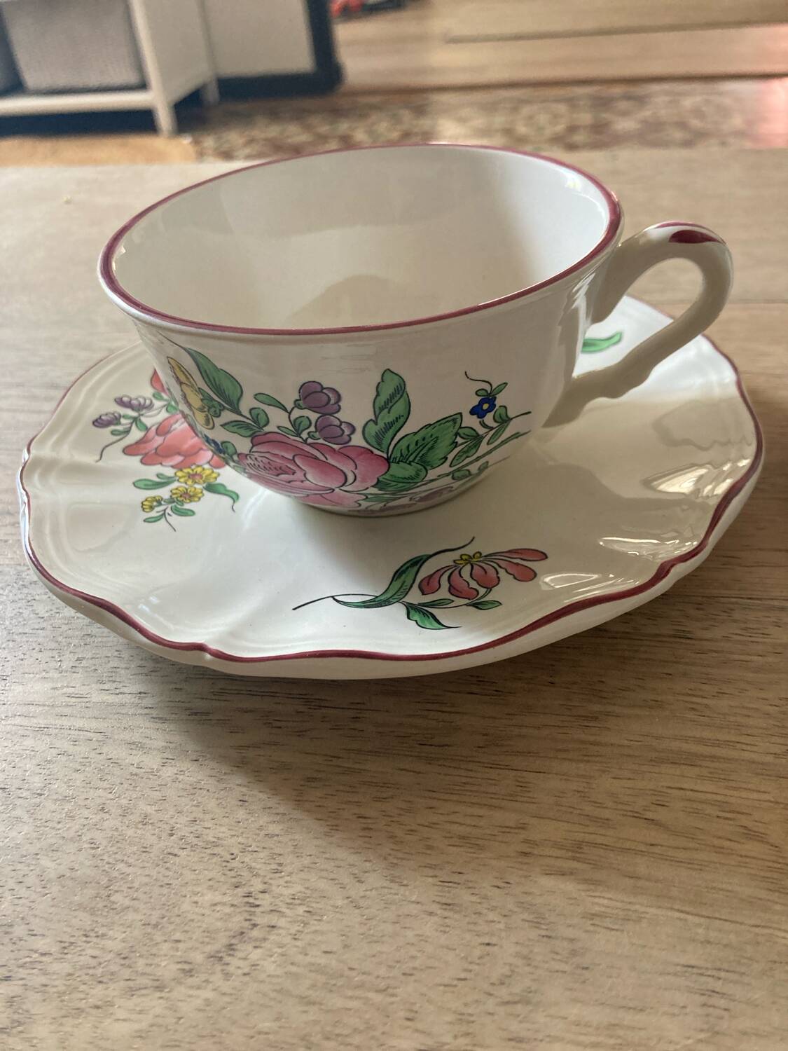 Two luneville cups with saucer