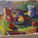 Original mid-century Swedish oil on canvas – “Kubisk Jug and Fruit” by Bror Göransson – vintage & framed – 75 × 58 cm (29.5" × 22.8")