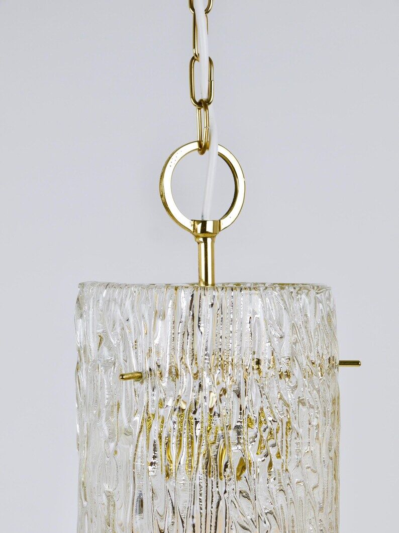 J.T. Kalmar Vienna Midcentury Textured Ice Glass Tube Brass Pendant Lamp, Austria, 1950s