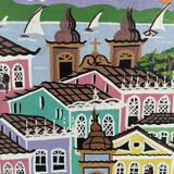 Acrylic painting, naive art, street scene Brazil, colorful colonial houses, sea, sailing boats