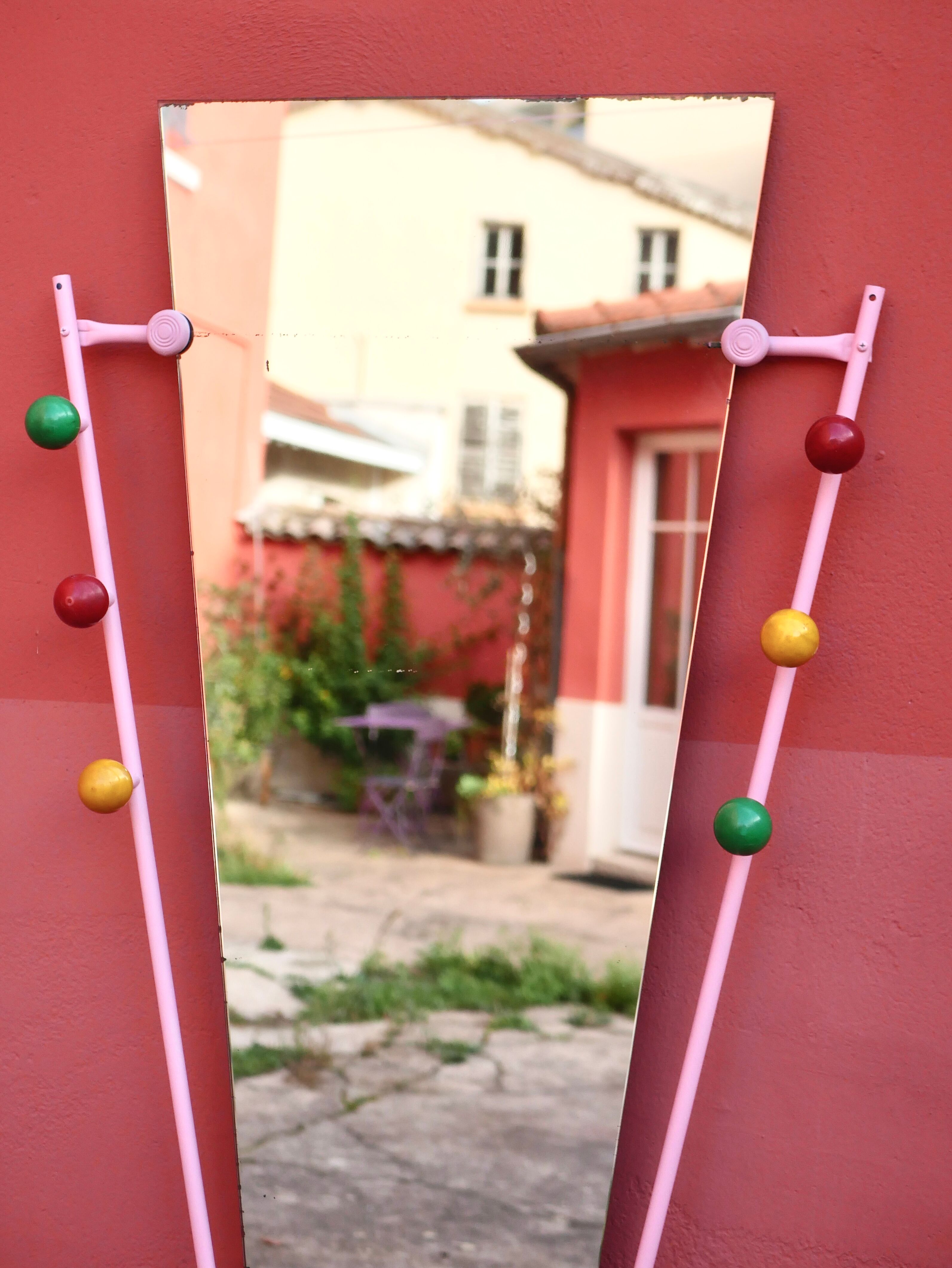 Standing coat rack with mirror, colored balls
