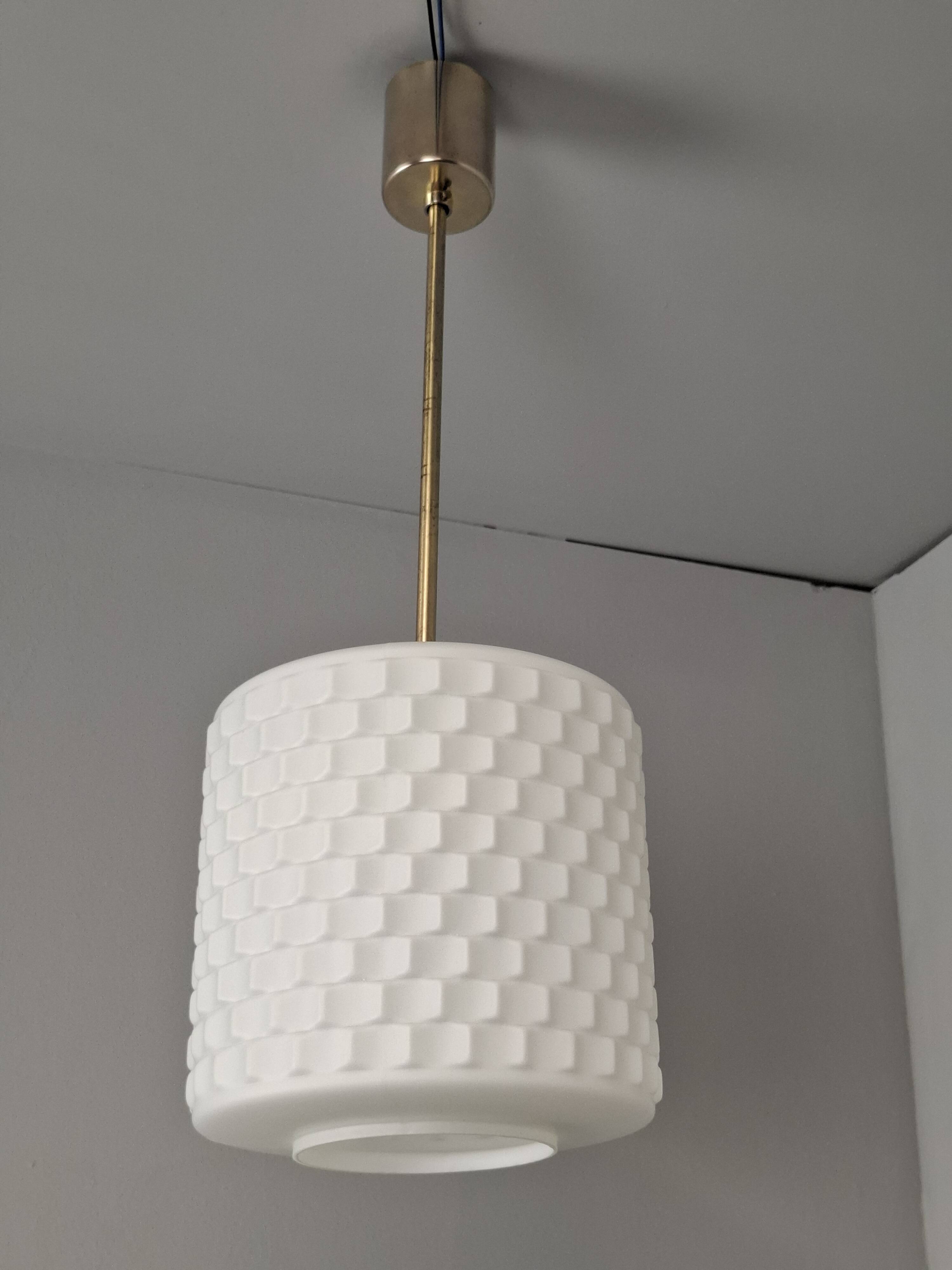 Czechoslovak Midcentury Modern Pendant Lamp in Textured Glass and Brass, 19