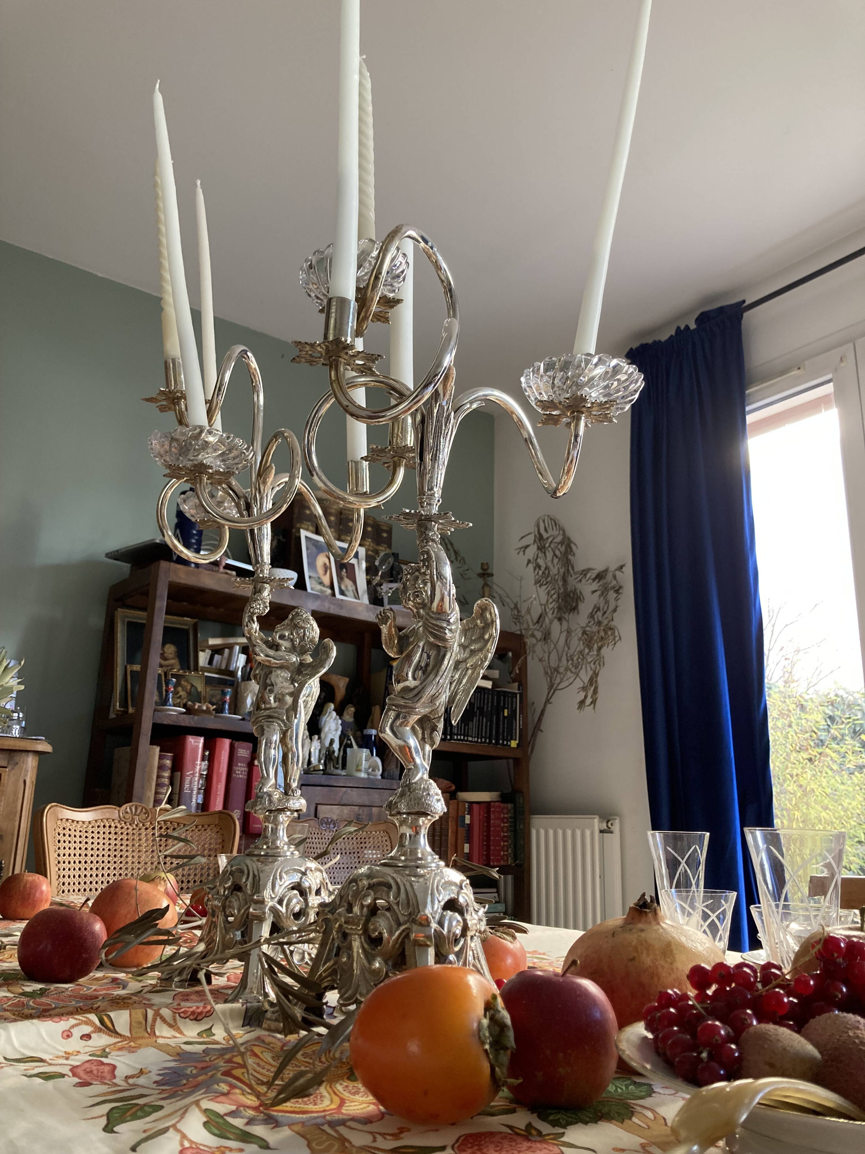 Putti candelabra 4 candles louis xvi style design pieces late 20th century. signed