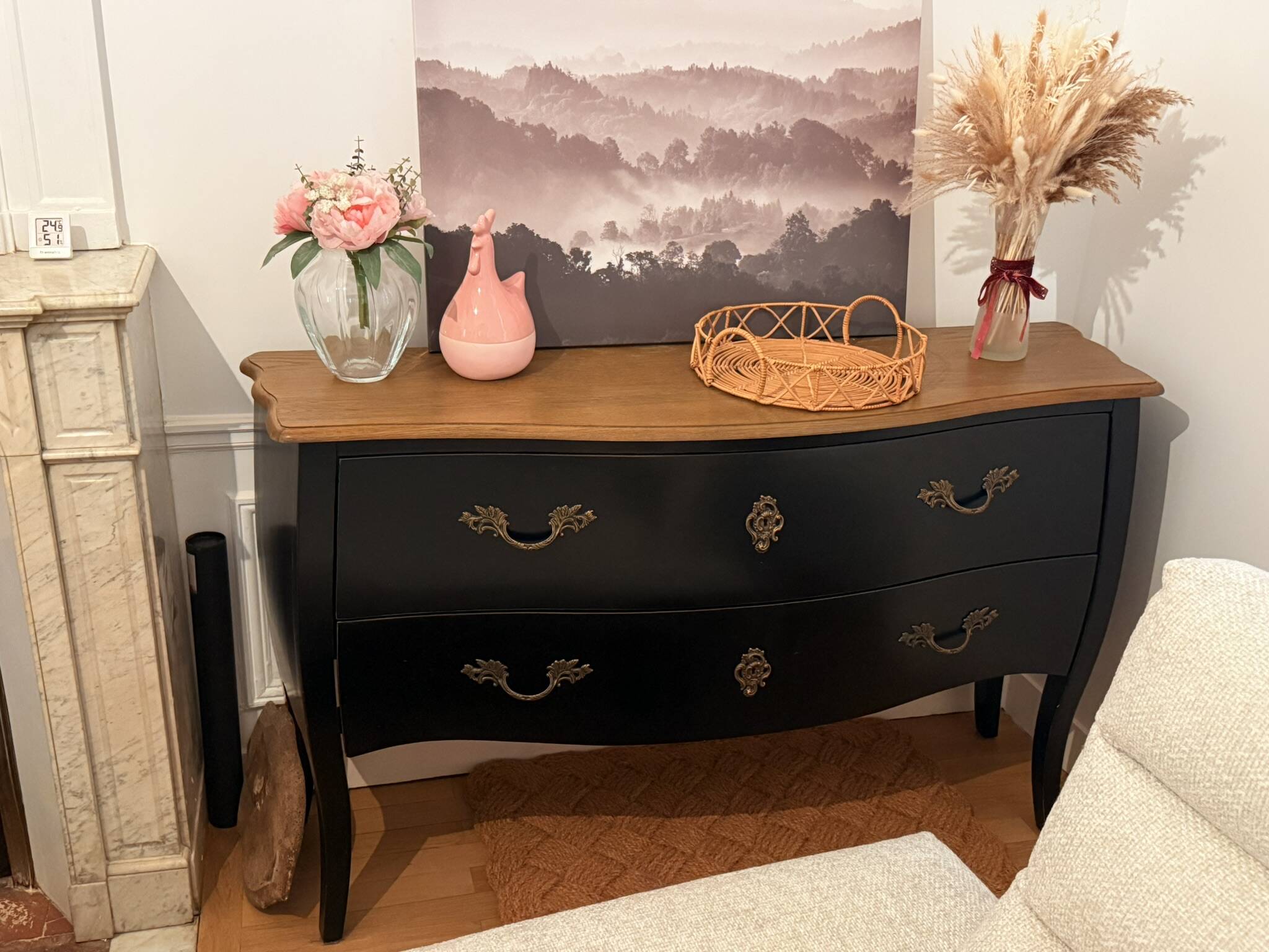 Curved chest of drawers in black wood and oak – Louis XV style revisited