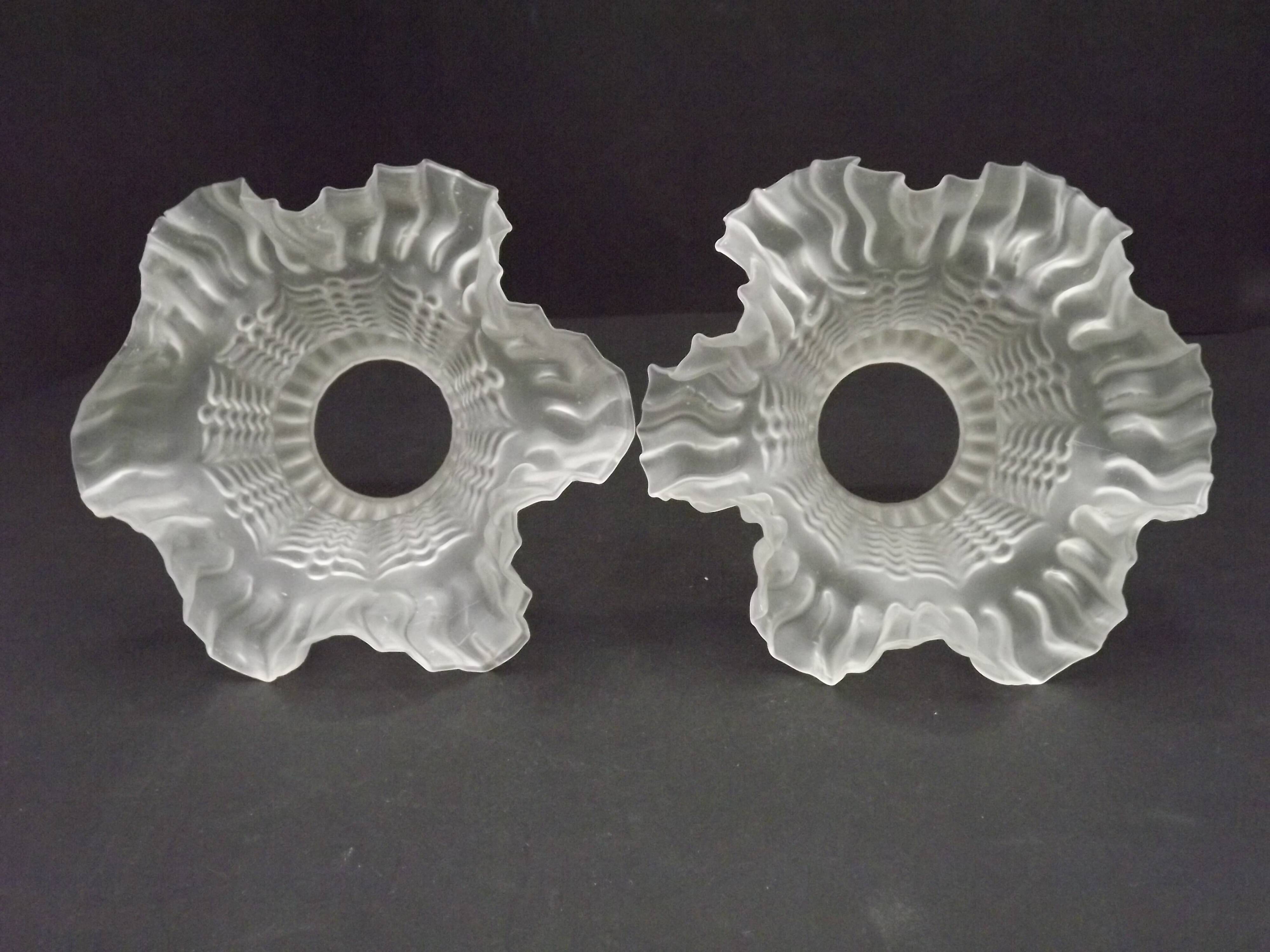 Pair French 1930s White Opaque Patterned Glass Replacement Shades 0161