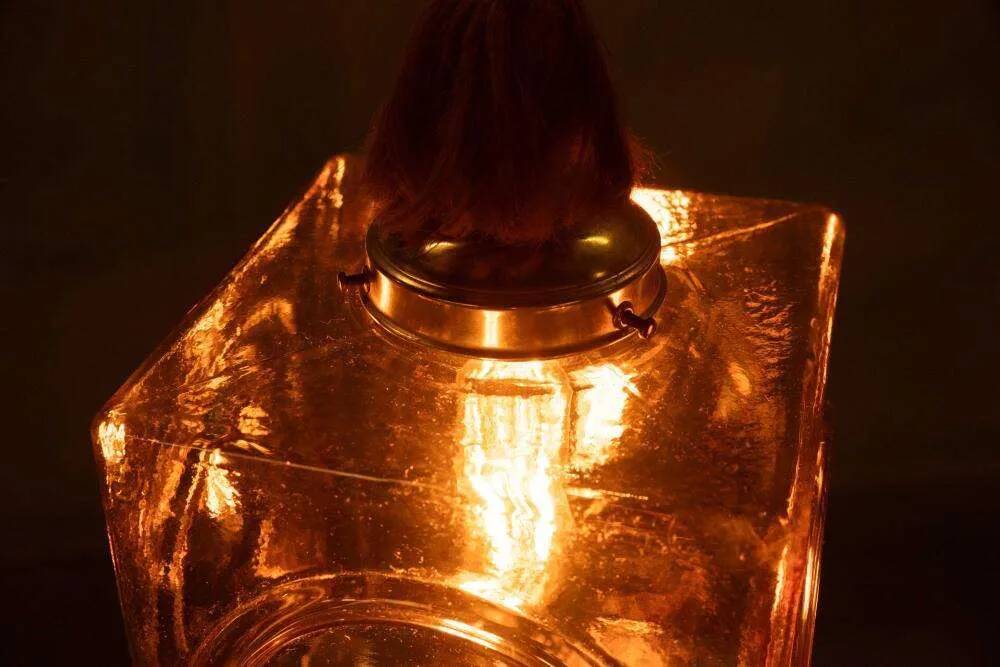 Japandi suspended glass lamp, vintage cubic bohemian glass lamp.