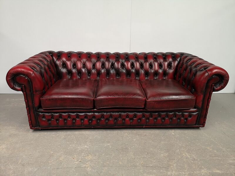 Sofa chesterfield burgundy leather three seater bamboo