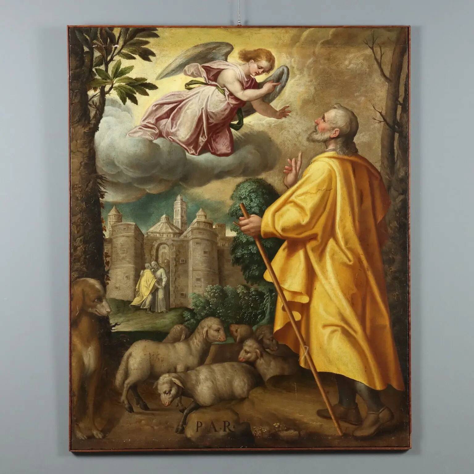Ancient painting of Saint Joachim and the angel, oil on canvas, 16th century.