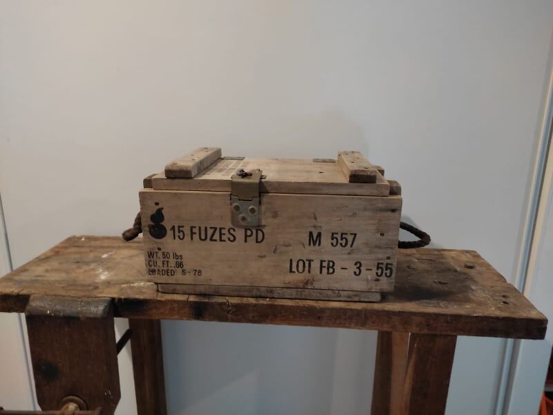 Vintage wooden case military ammunition