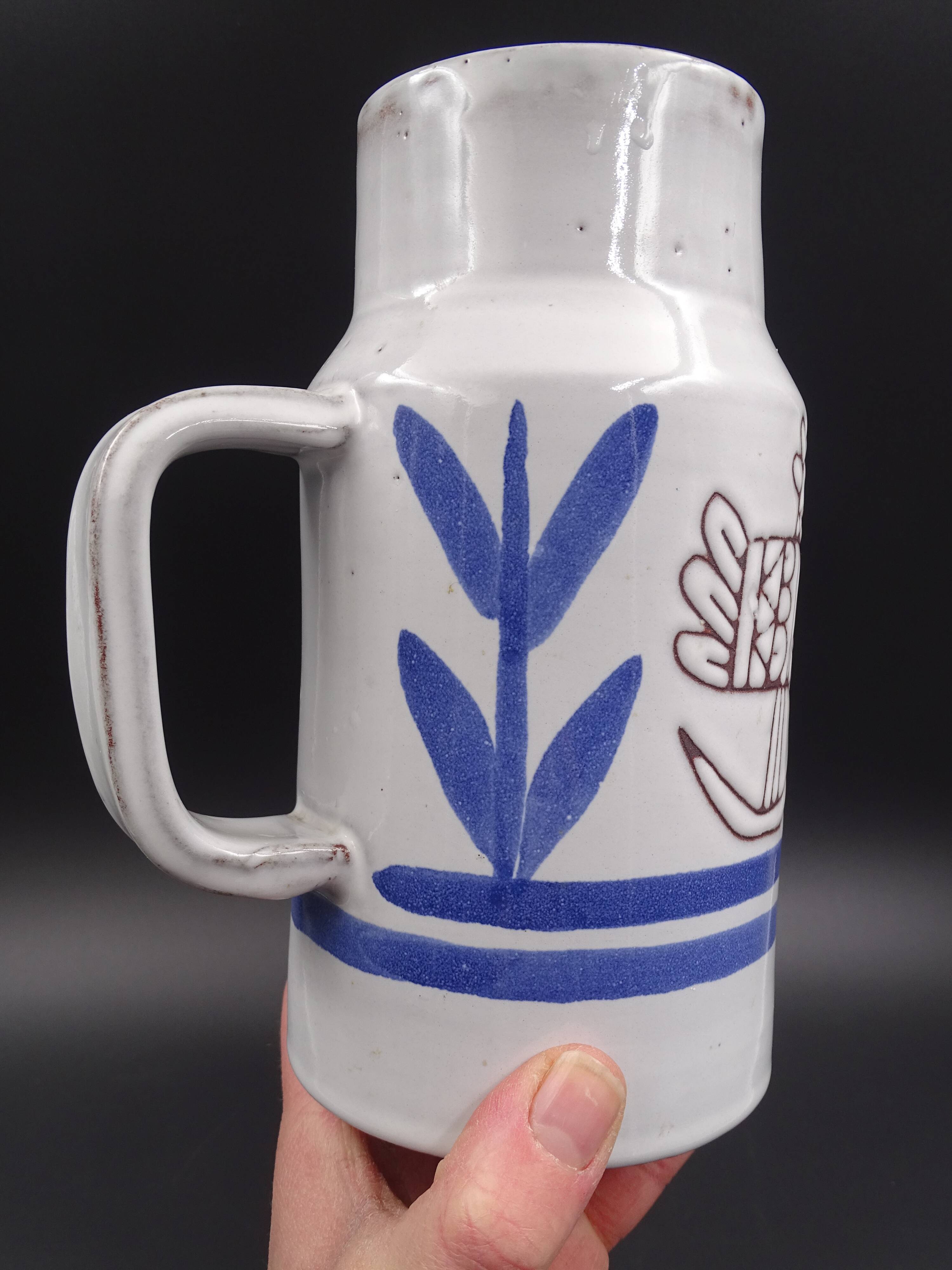 Enamelled terracotta pitcher, bird decoration engraved by Michel Barbier, Vallauris circa 1970