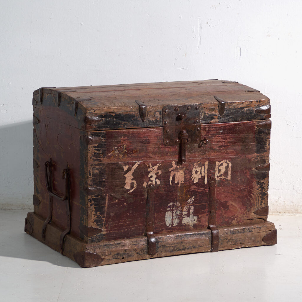 Antique iron-reinforced pine wood chest – China, circa 1900