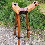 2 tabourets espagnols tripode brutaliste chêne massif, 1960