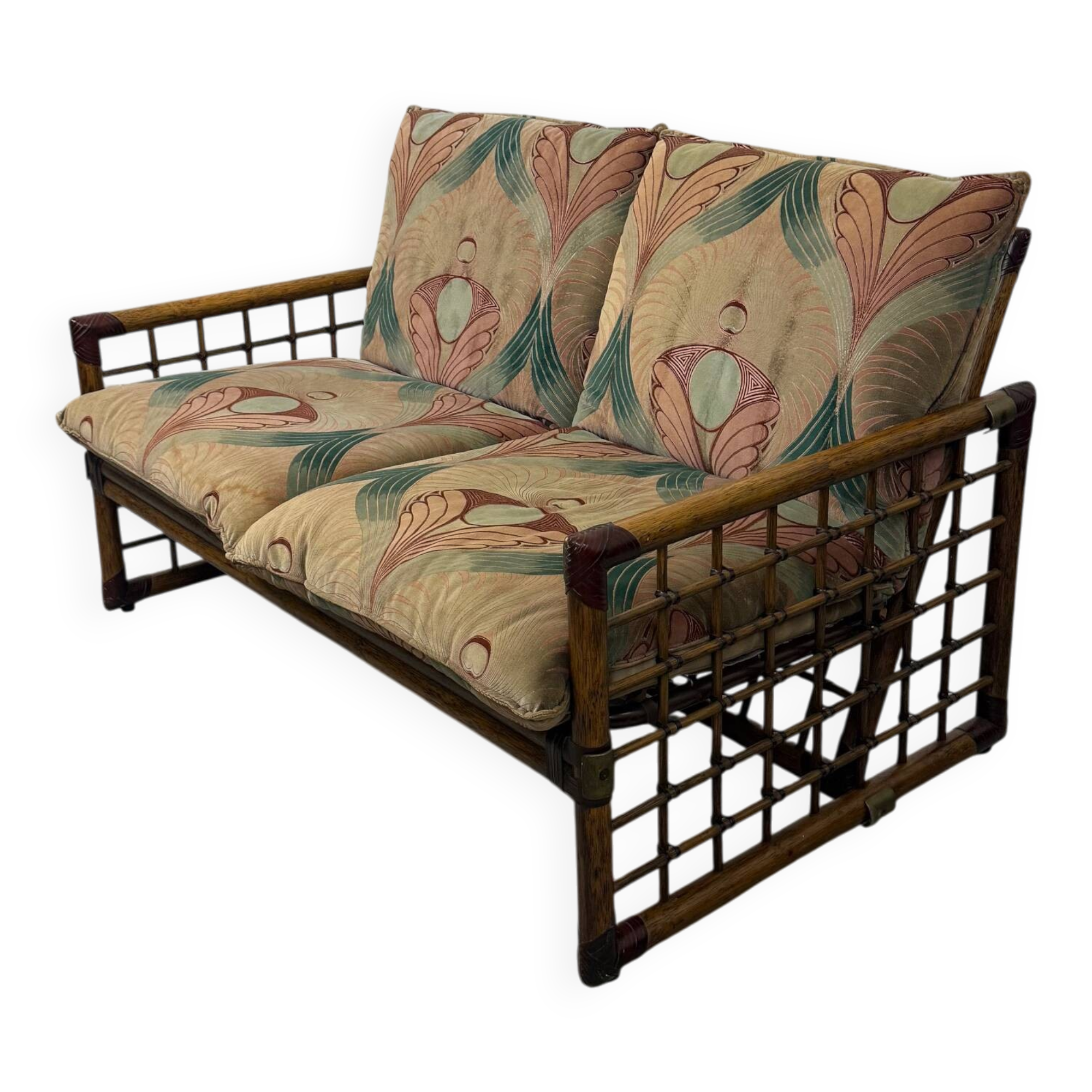 Canapé italien des années 1970 en bambou, rotin, laiton et tissu style Liberty