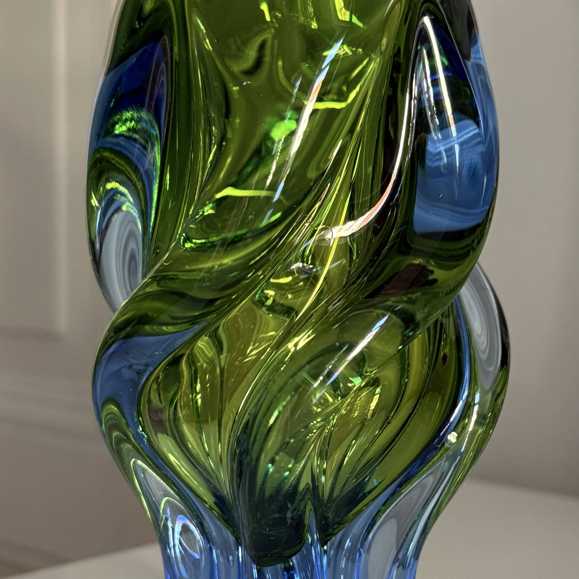 Twisted Sommerso art glass vase, Czech bohemian, 1970s, blue-green.