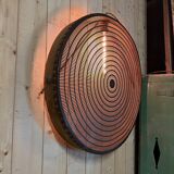 Old lamp in wood and metal worked with integrated lamp.