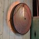 Old lamp in wood and metal worked with integrated lamp.