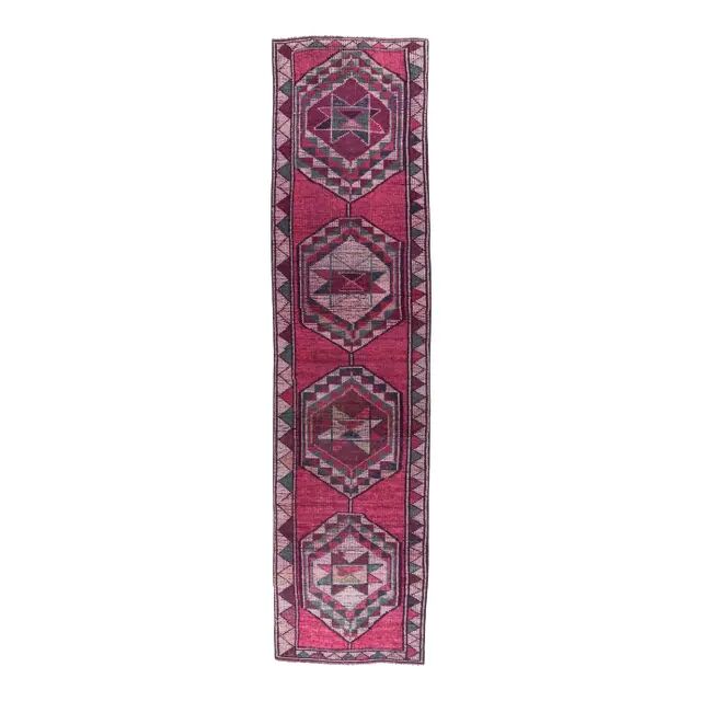 1970s Turkish Hand-Knotted Pink Runner Rug 83x347
