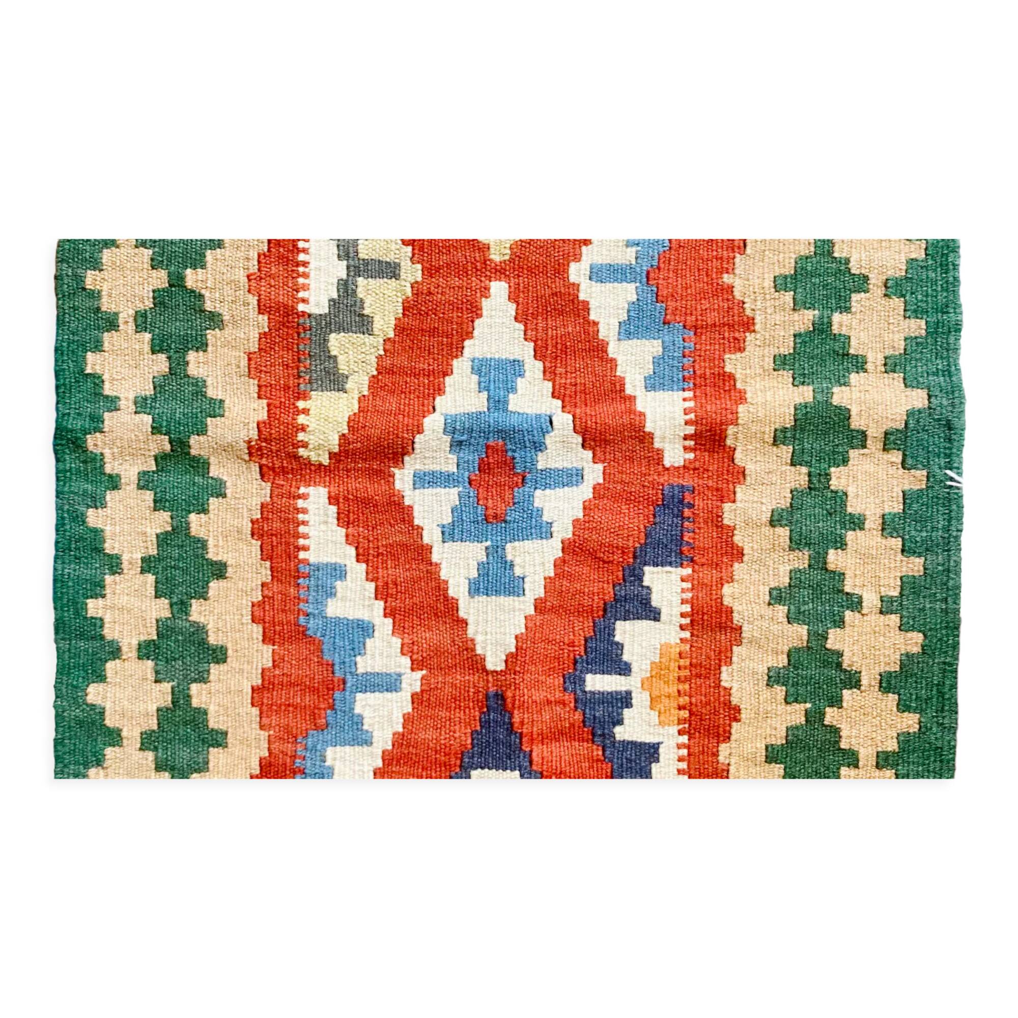 Kilim shirazi en laine vert, terracotta et bleu ciel, fait à la main