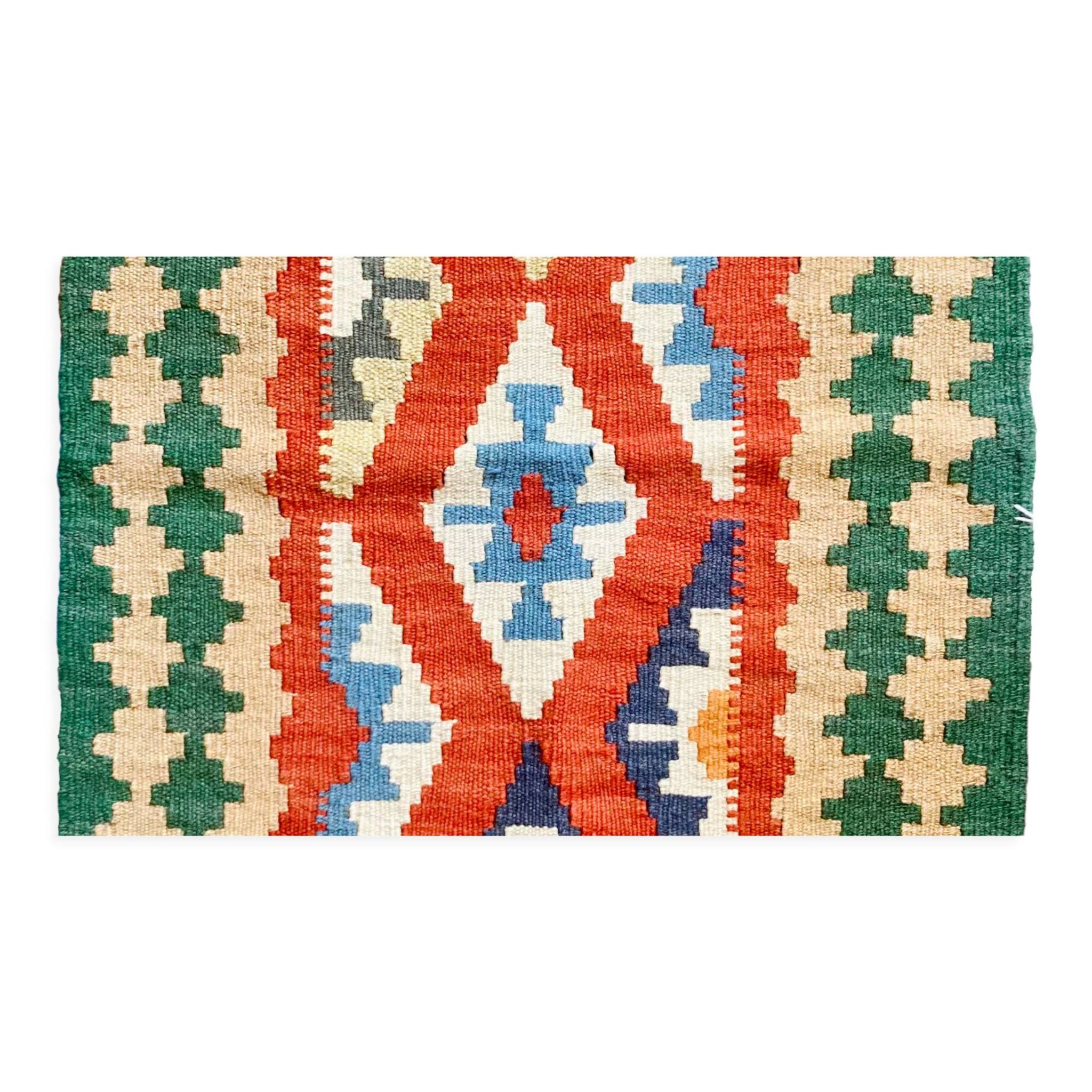 Kilim Shirazi in Green, terracotta and sky blue wool, handmade