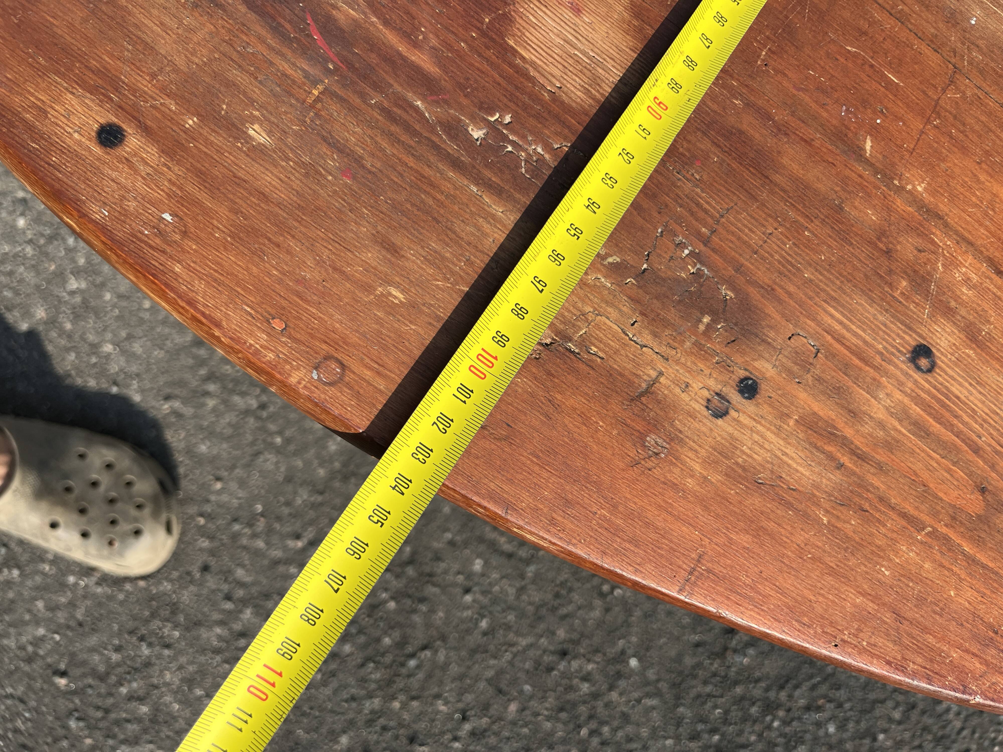 Antique rustic round wooden table 121cm, straight base