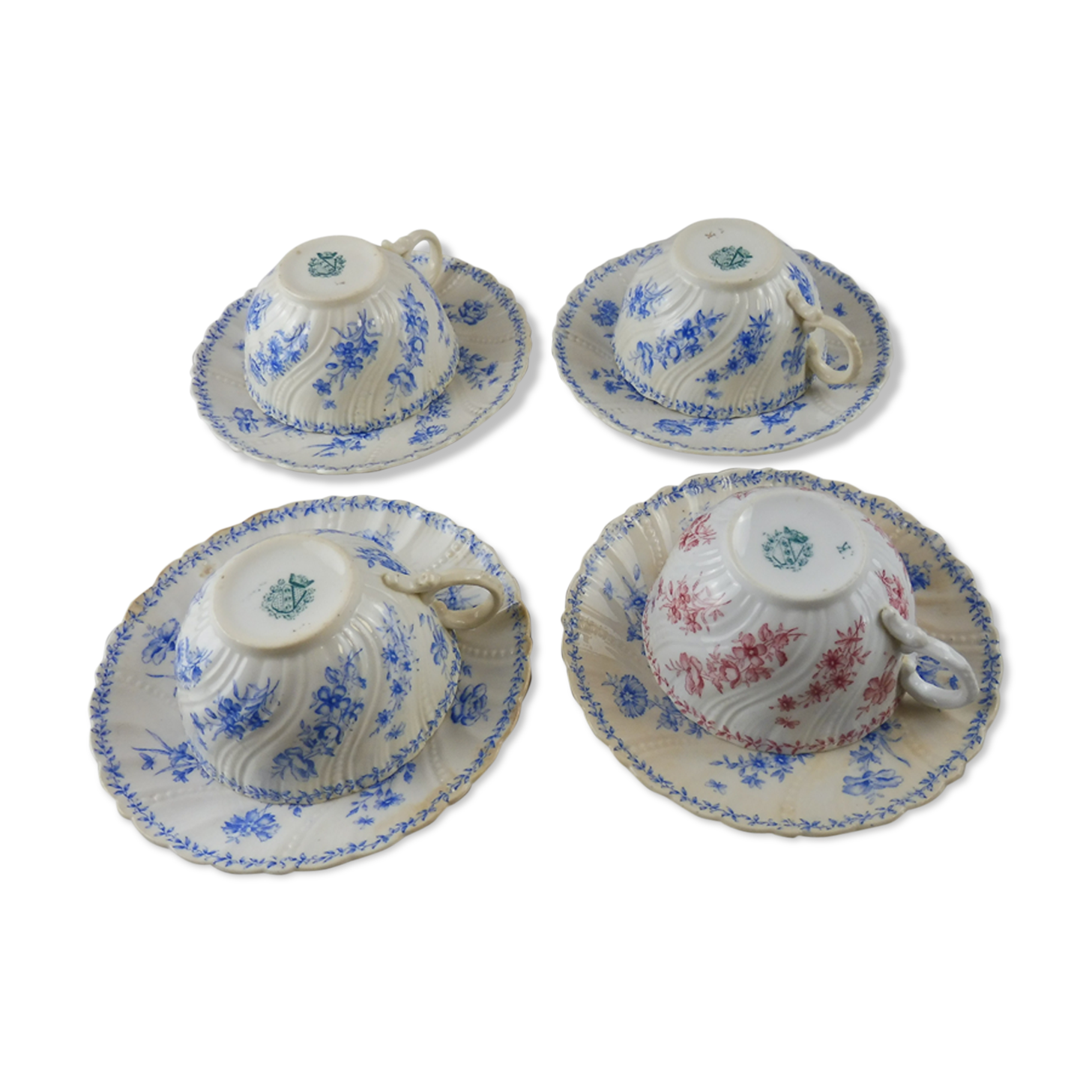 Lot of porcelain cups and under cups, twisted decoration, from Sarreguemines