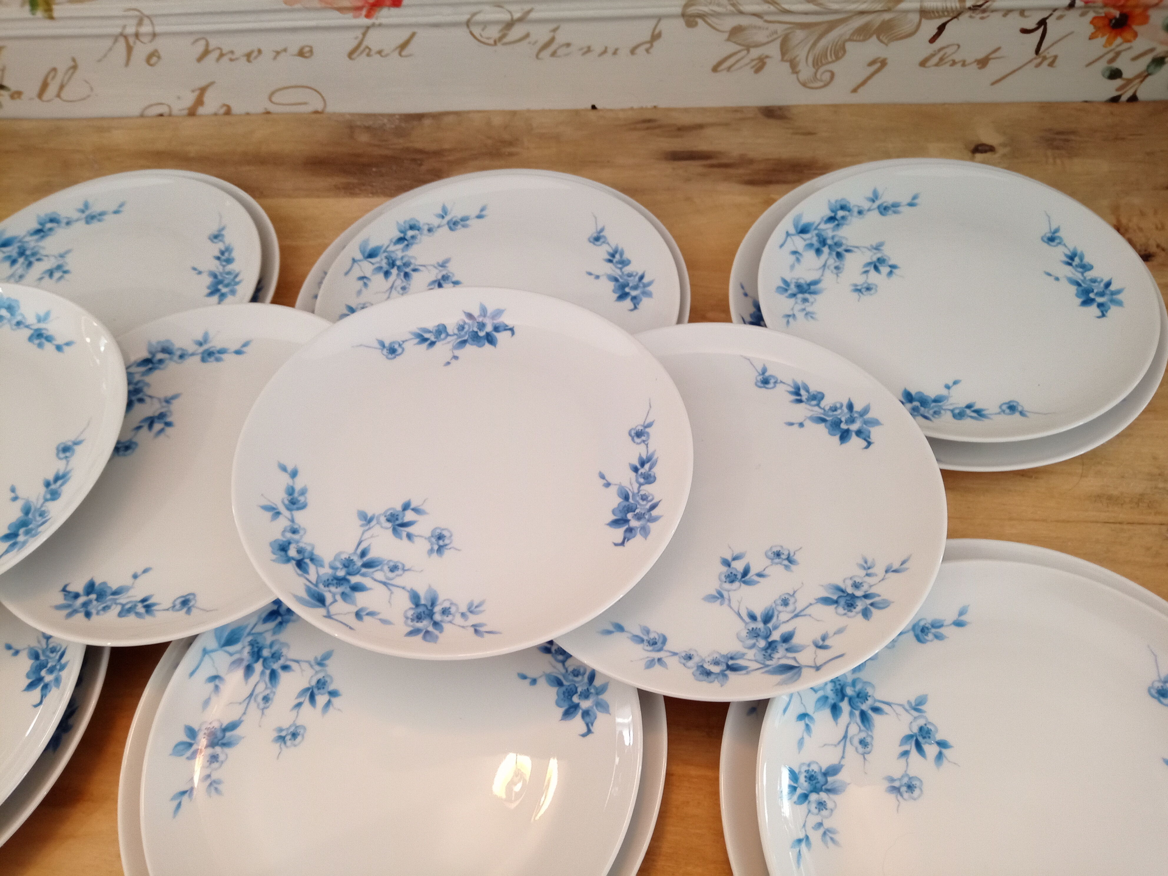 Lot de 12 petites assiettes en porcelaine décor petites fleurs bleues