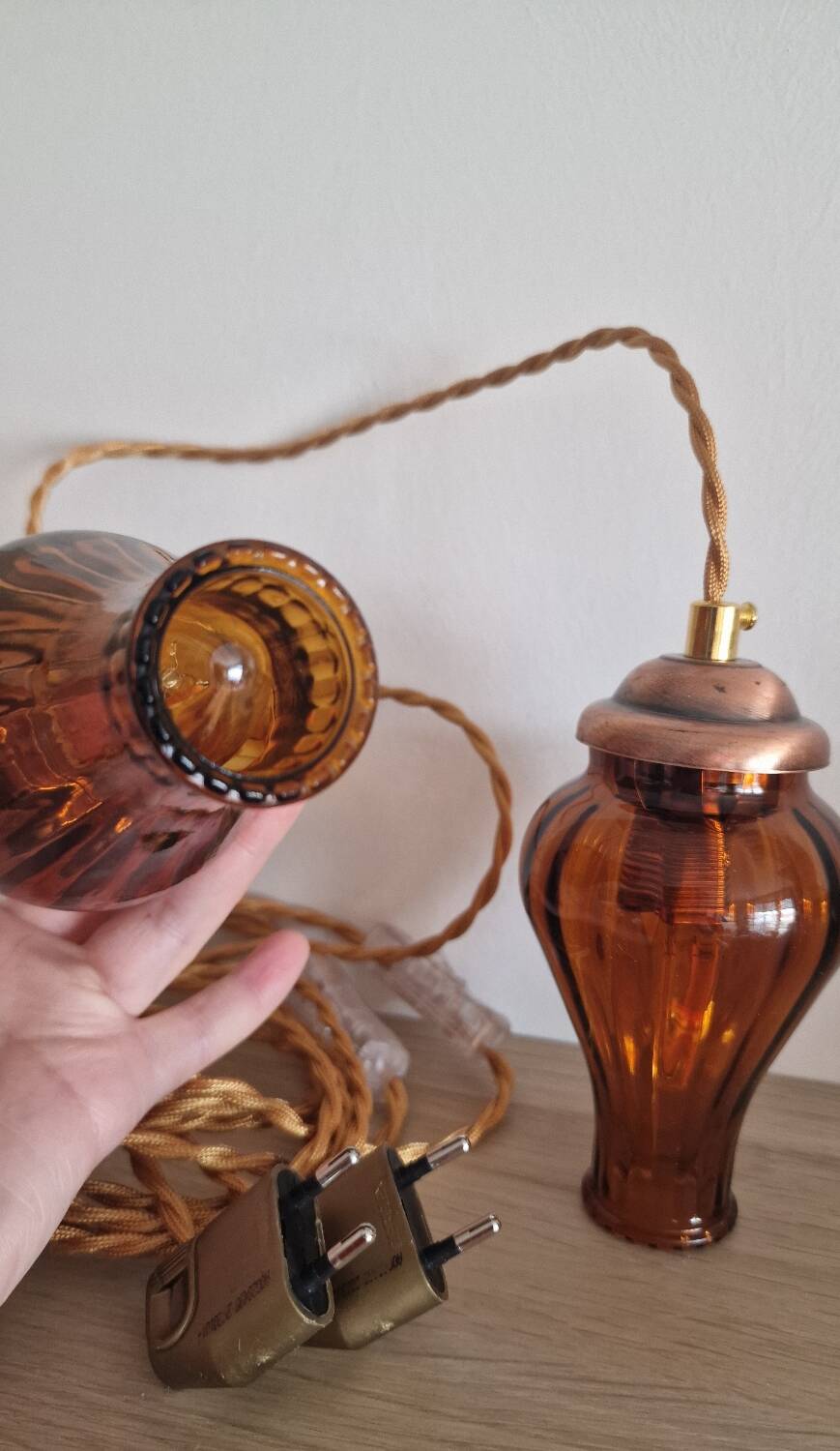 Duo of brown smoked glass portable lamps