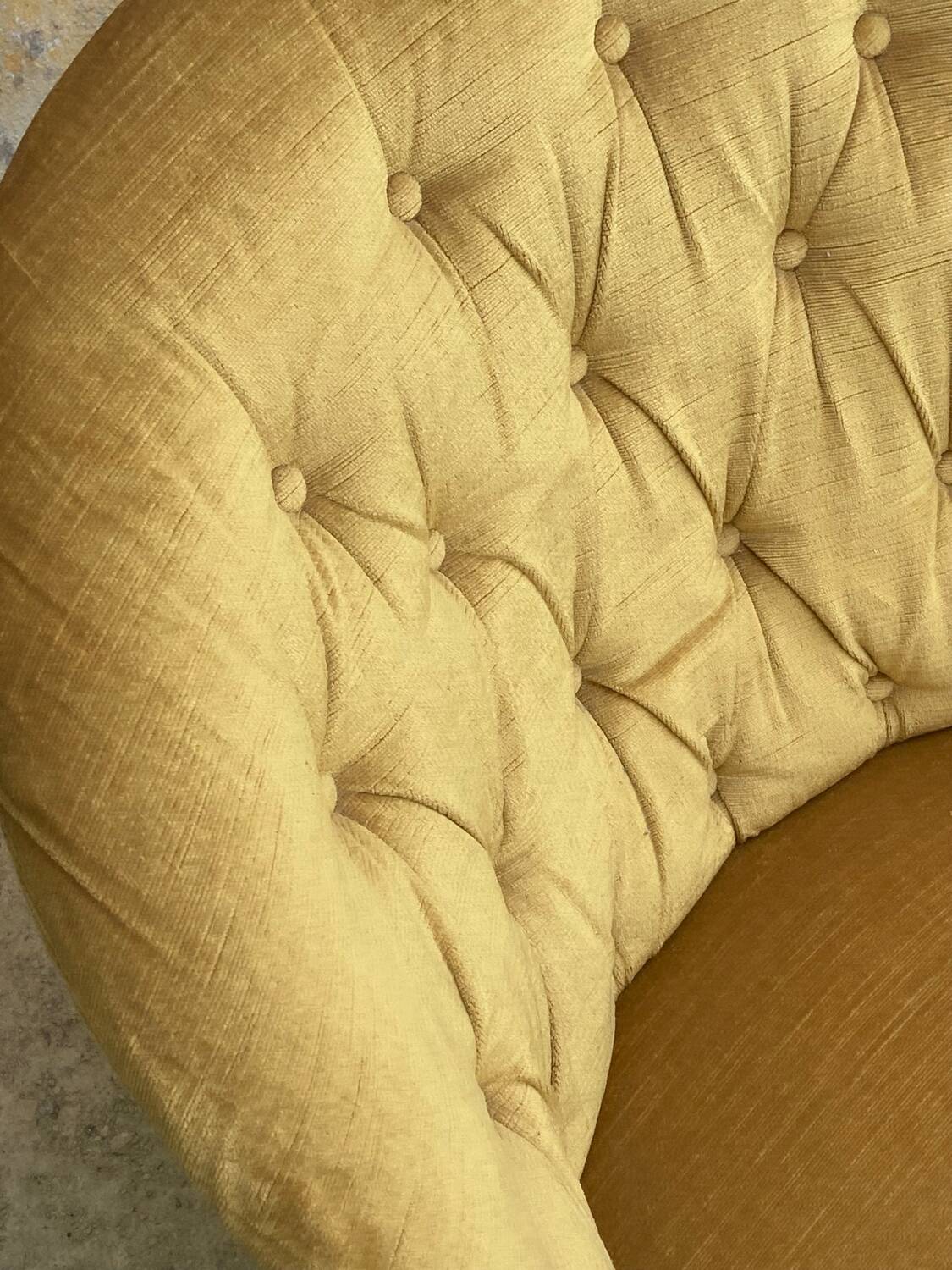 Pair of vintage toad armchairs in golden yellow velvet