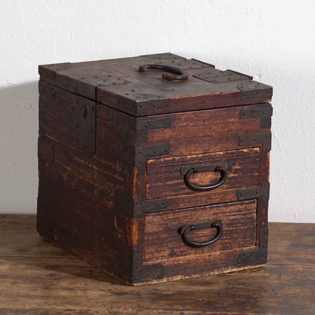 Japanese ko-dansu with hinged lid and paulownia wood drawers, Meiji–Taishō period, circa 1868–1926.