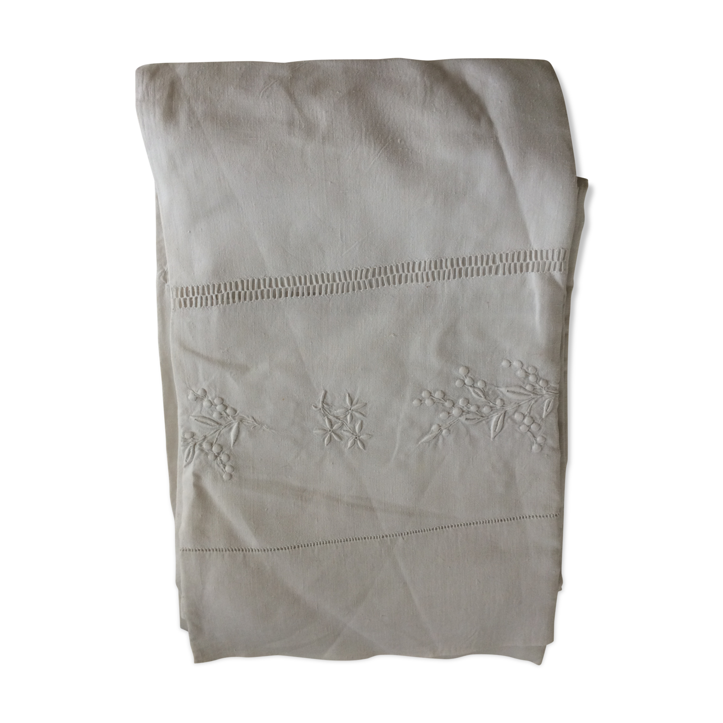 Antique linen sheet with days, embroideries and monograms worked