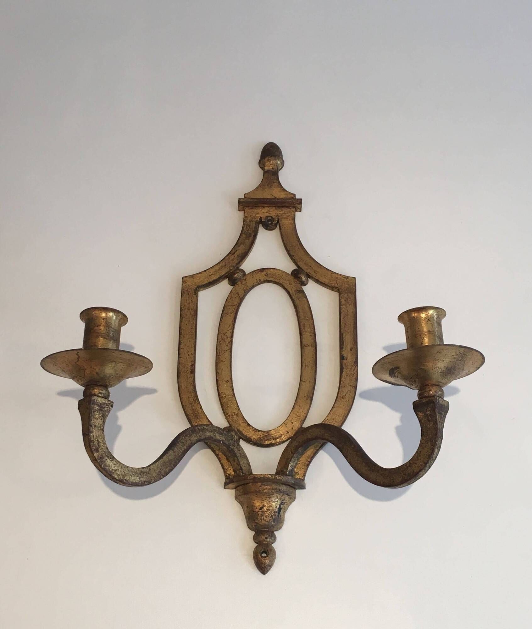 Golden Wrought Iron Wall Light with Oval Shield and Two Arms. French Work.