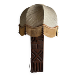 Brutalist Africanist lamp in carved wood 1950 fabric lampshade