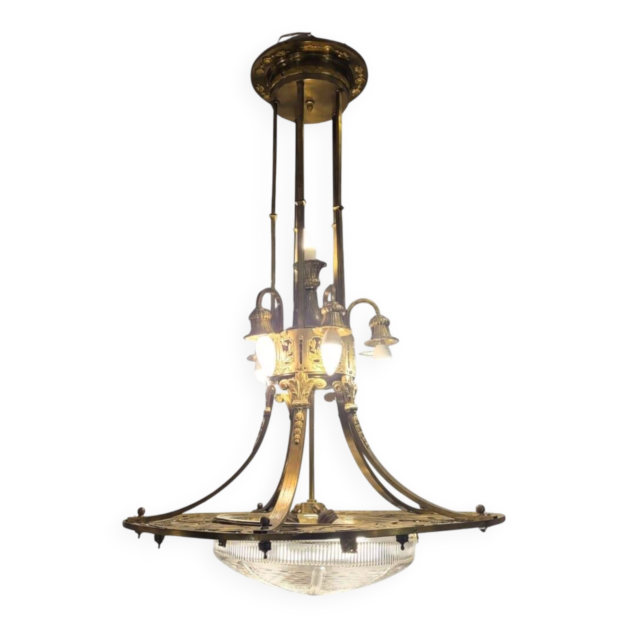 Ceiling light, gilded bronze and cut and frosted crystal, Art Nouveau, 1930s – France