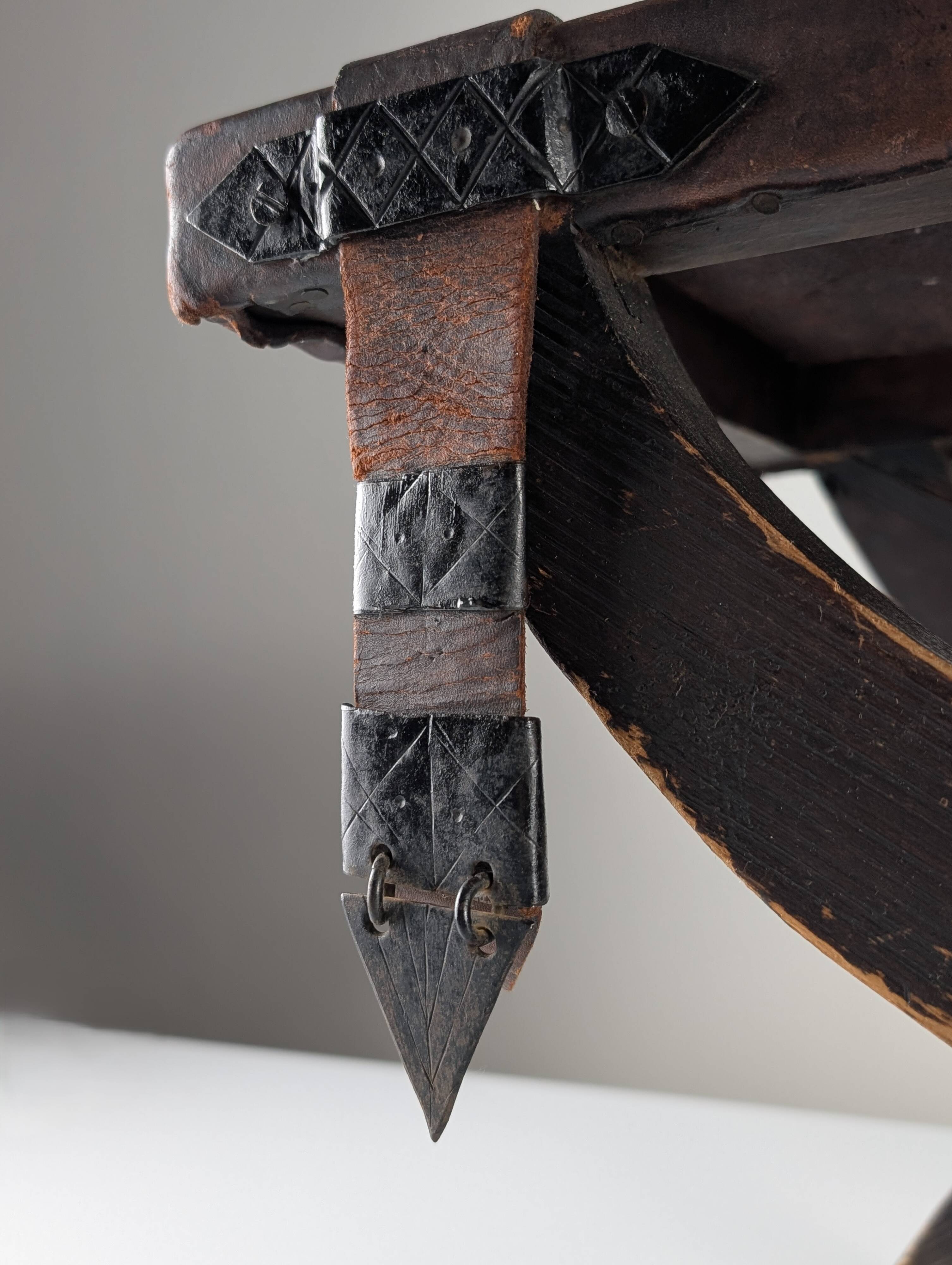 Colonial Curule Stool in Leather and Wrought Iron, Mexico, 1940s