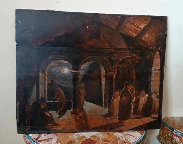 Ancient Table Large Sketch in Oil on Panel Convent of the Brothers 19th Century
