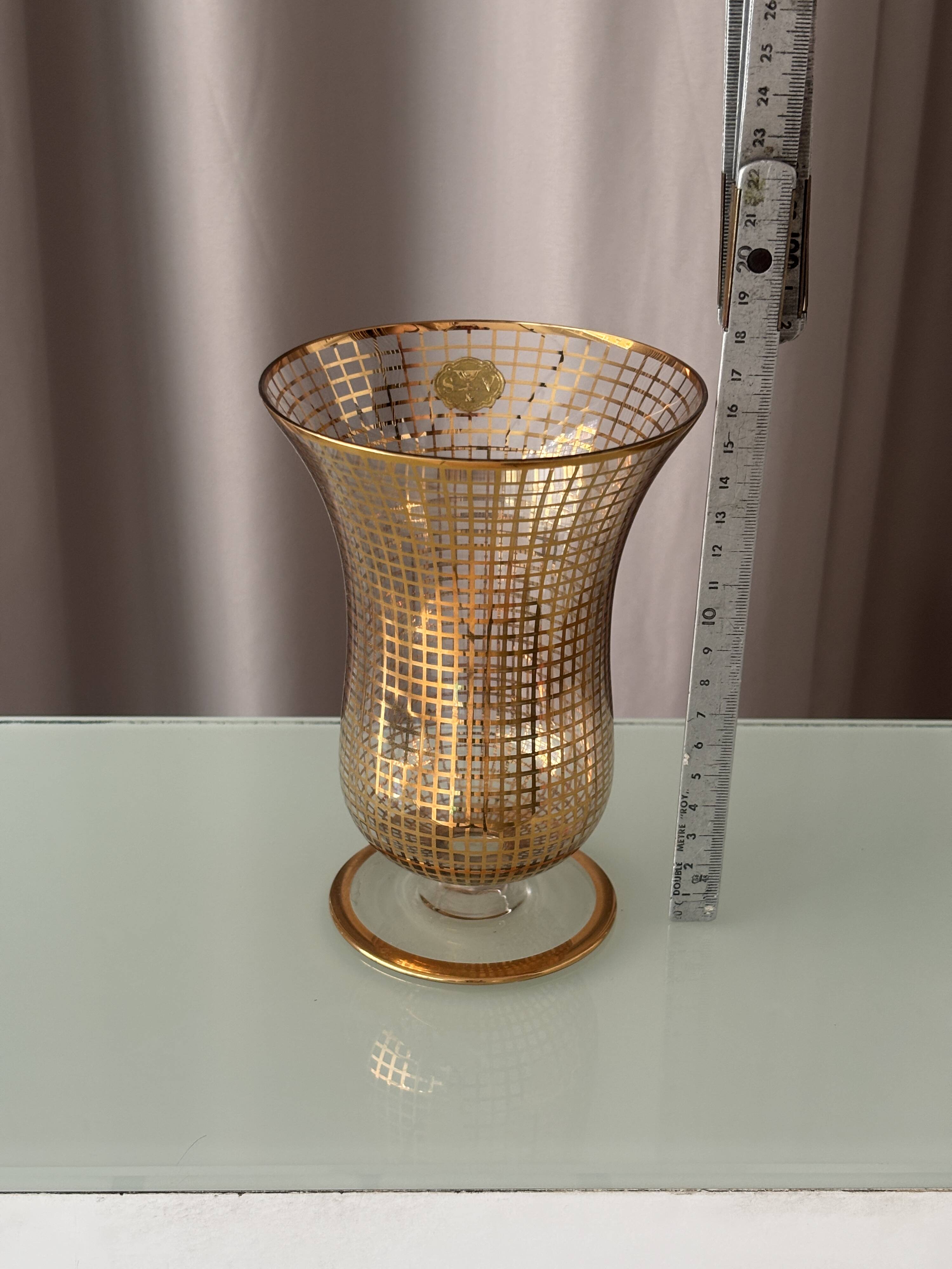 Art Deco Gilded Glass Vase with Geometric Gold Grid Decoration