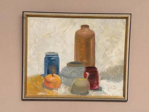 Mid-Century Oil on panel – "Still Life" by M.O. Vintage & Framed 44 × 26 cm