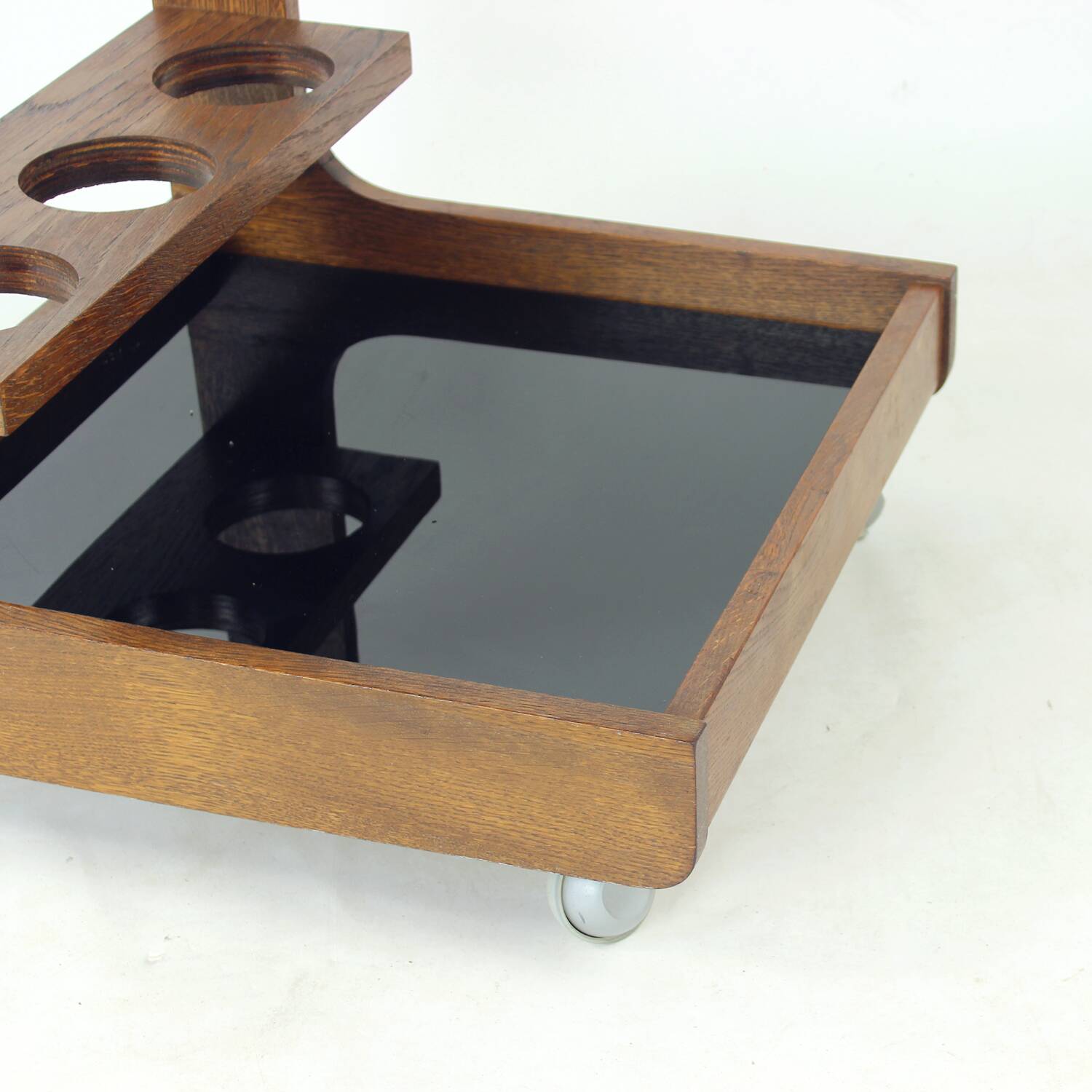 Mid Century Modern Wooden Bar Cart With Black Opaline Glass, 1960s