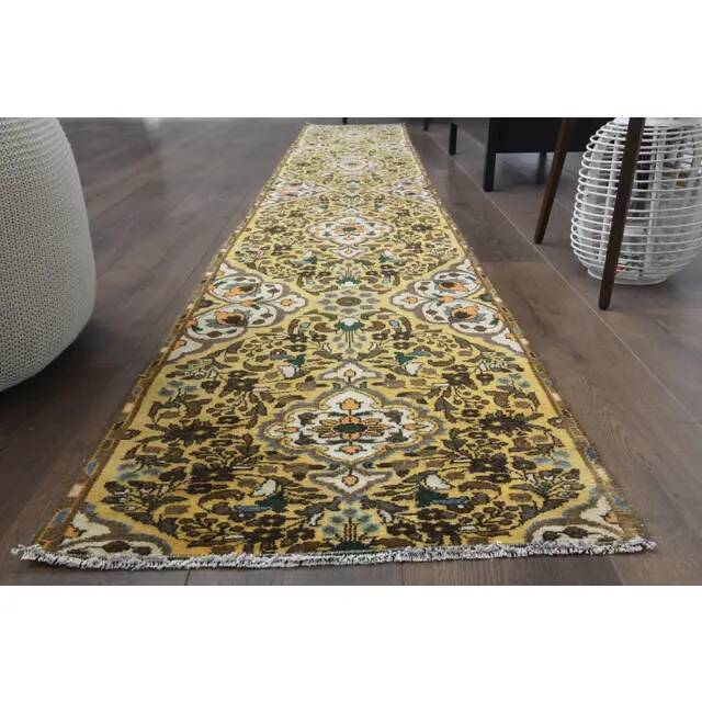 Tapis couloir vintage turc Oushak fait main en laine et coton jaune 59x378