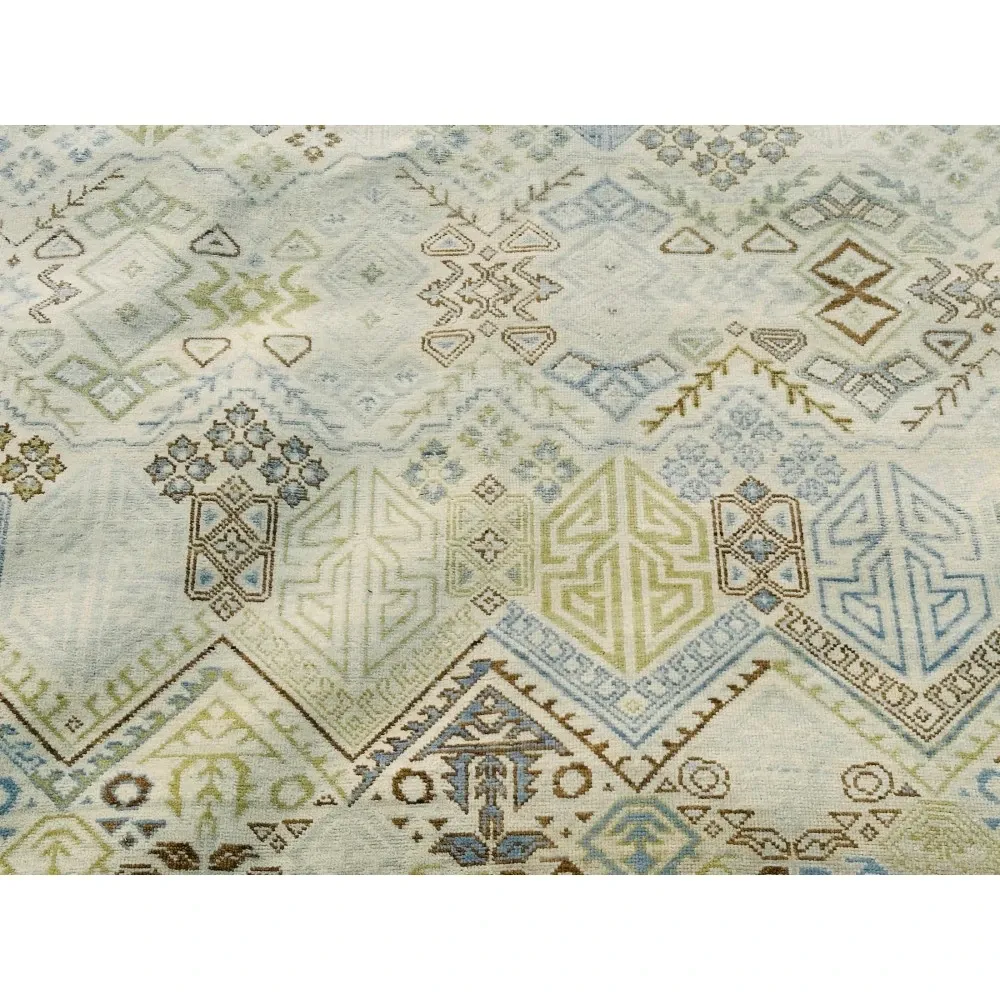 Decorative Oushak Wool Area Rug with Geometric Design. Hand-knotted Beige Carpet
