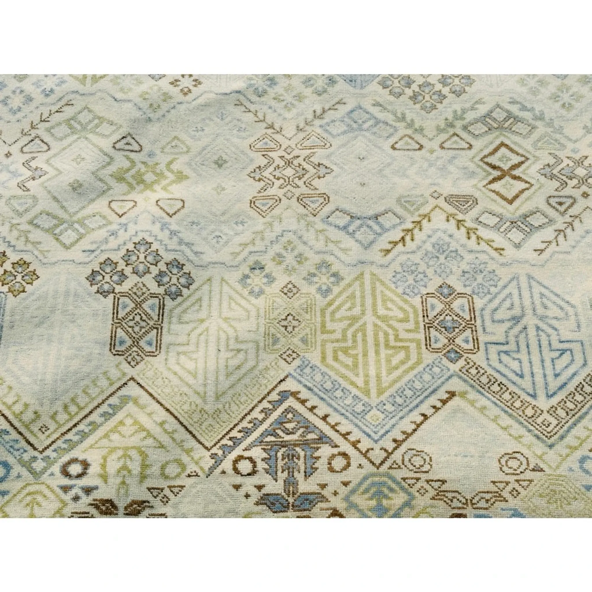 Decorative Oushak Wool Area Rug with Geometric Design. Hand-knotted Beige Carpet