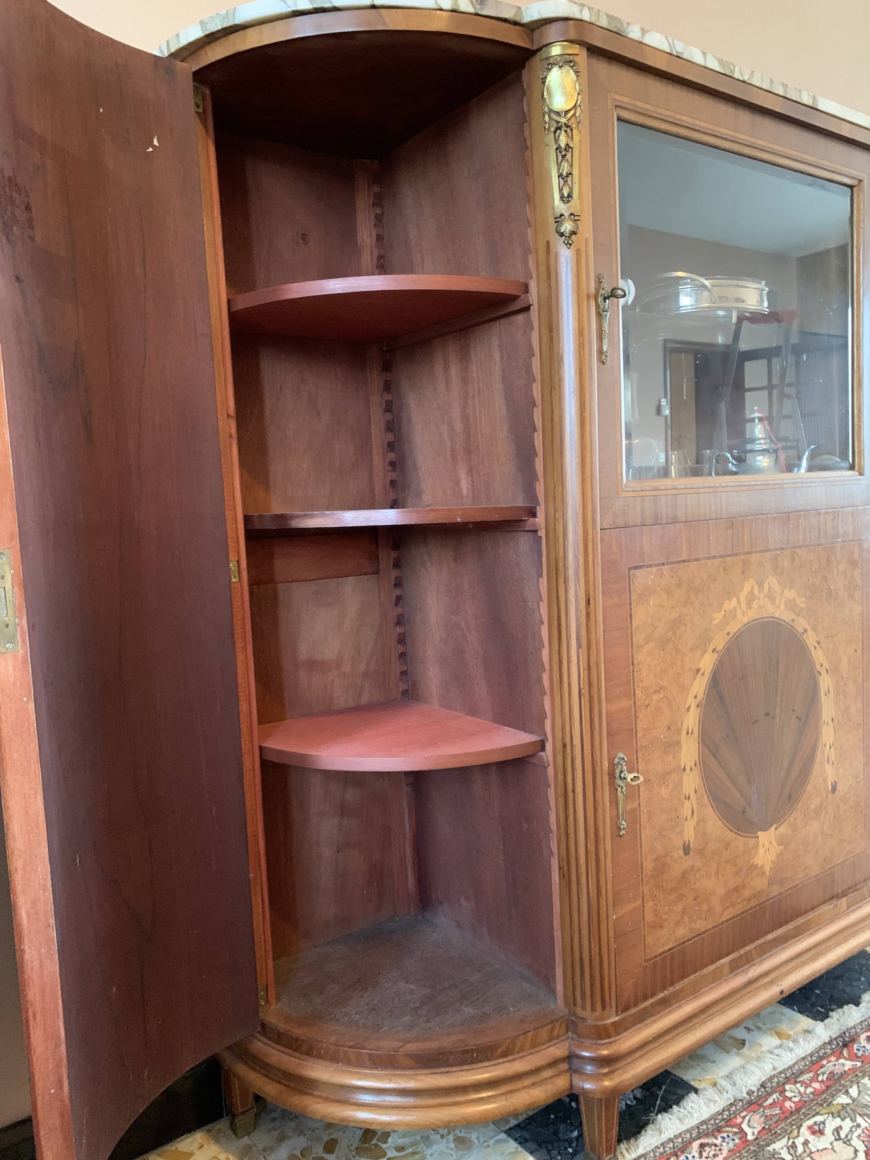 Half-moon buffet with display cabinet in Louis XVI style, marquetry with marble top.