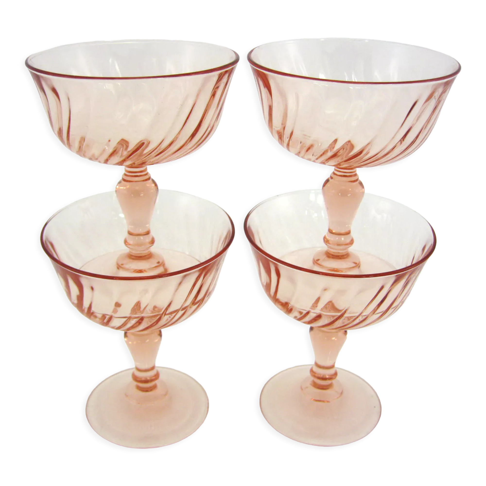4 champagne glasses in powder pink twisted glass - Rosaline Luminarc Arcoroc - vintage 80s
