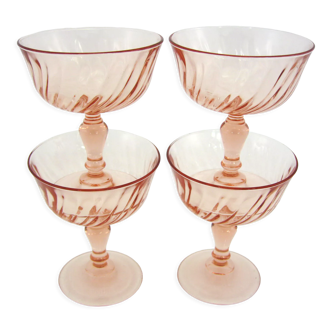 4 champagne glasses in powder pink twisted glass - Rosaline Luminarc Arcoroc - vintage 80s