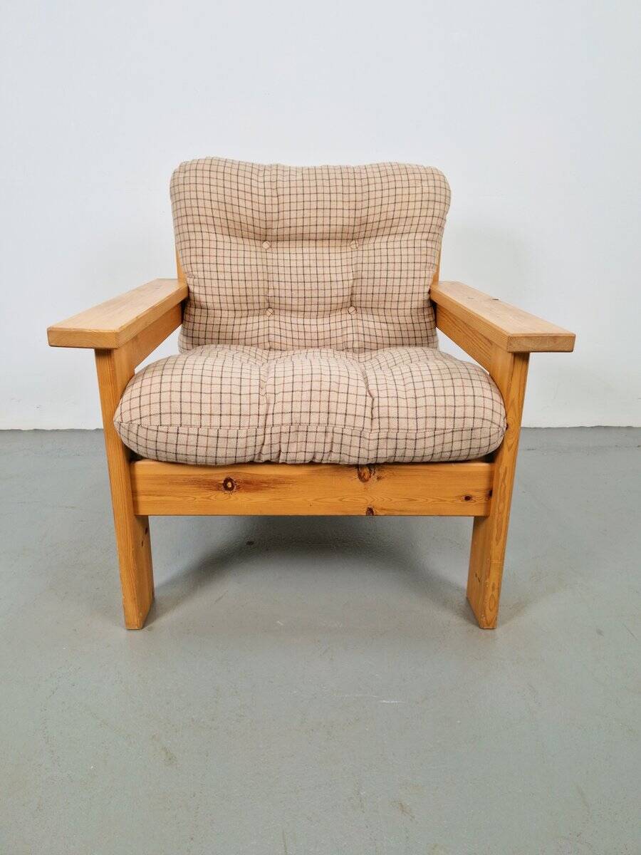 Vintage Brutalist Armchair in Pine and Fabric, 1970s
