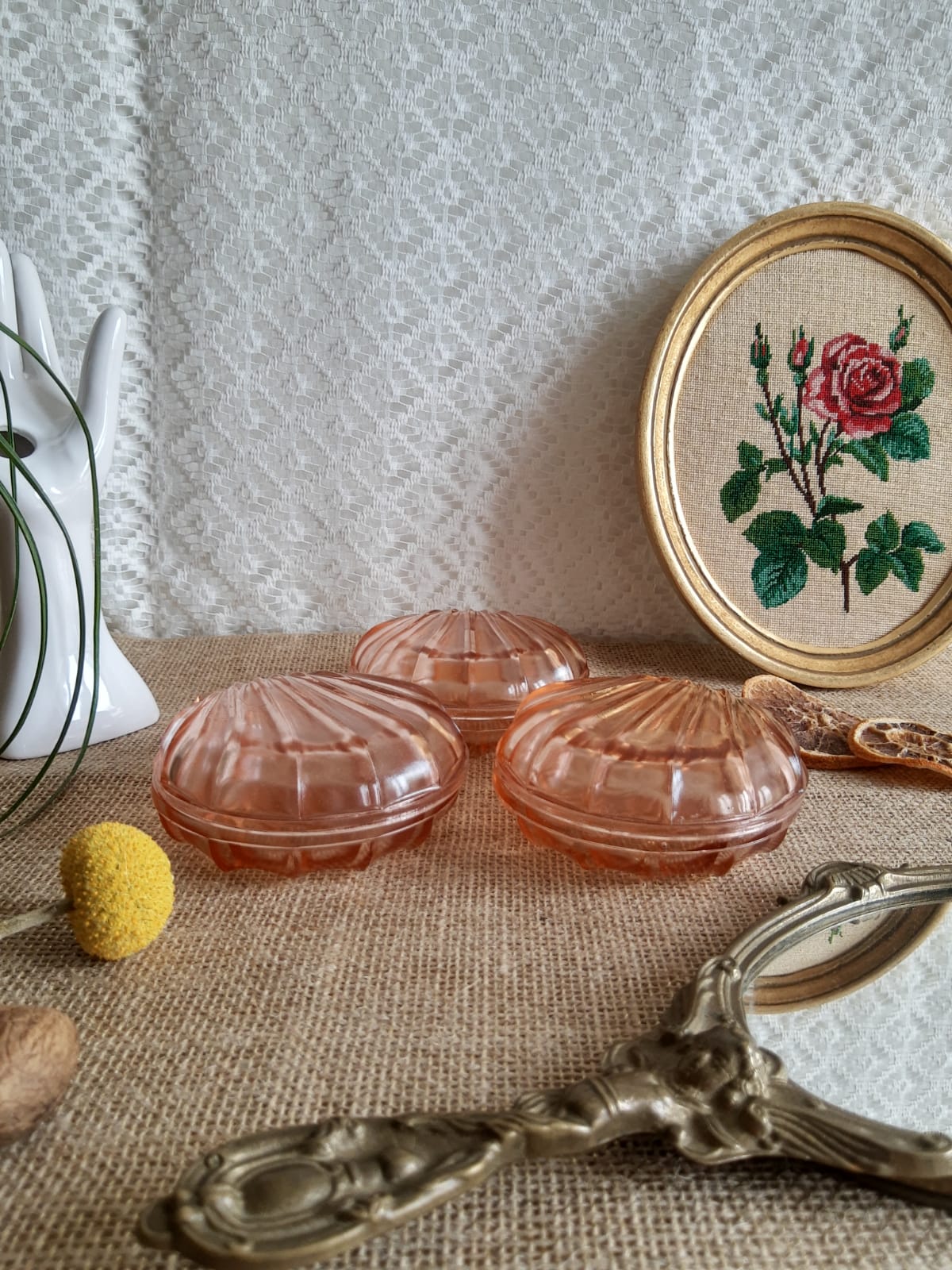 Set of 6 small scallops in vintage rosaline pink glass