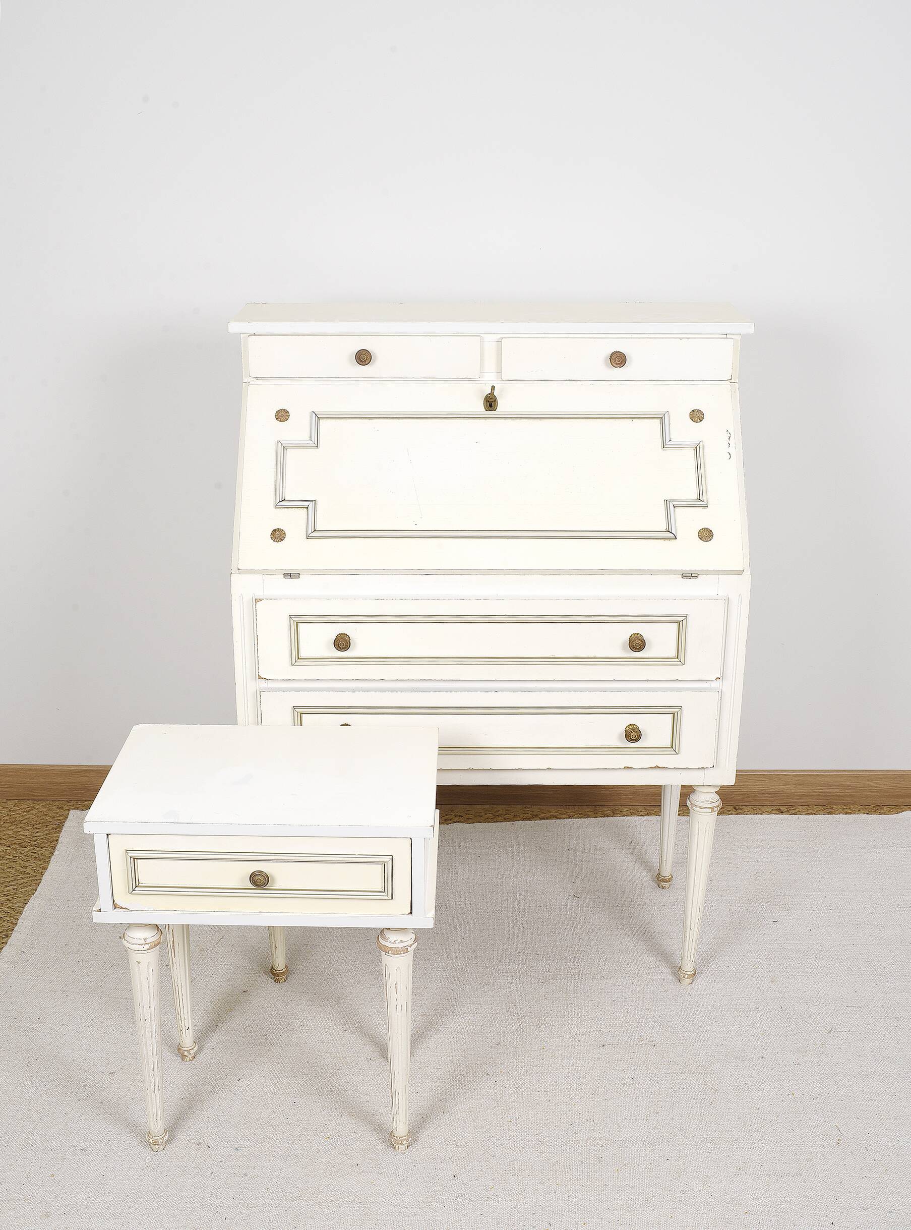 Old white secretary desk with bedside table