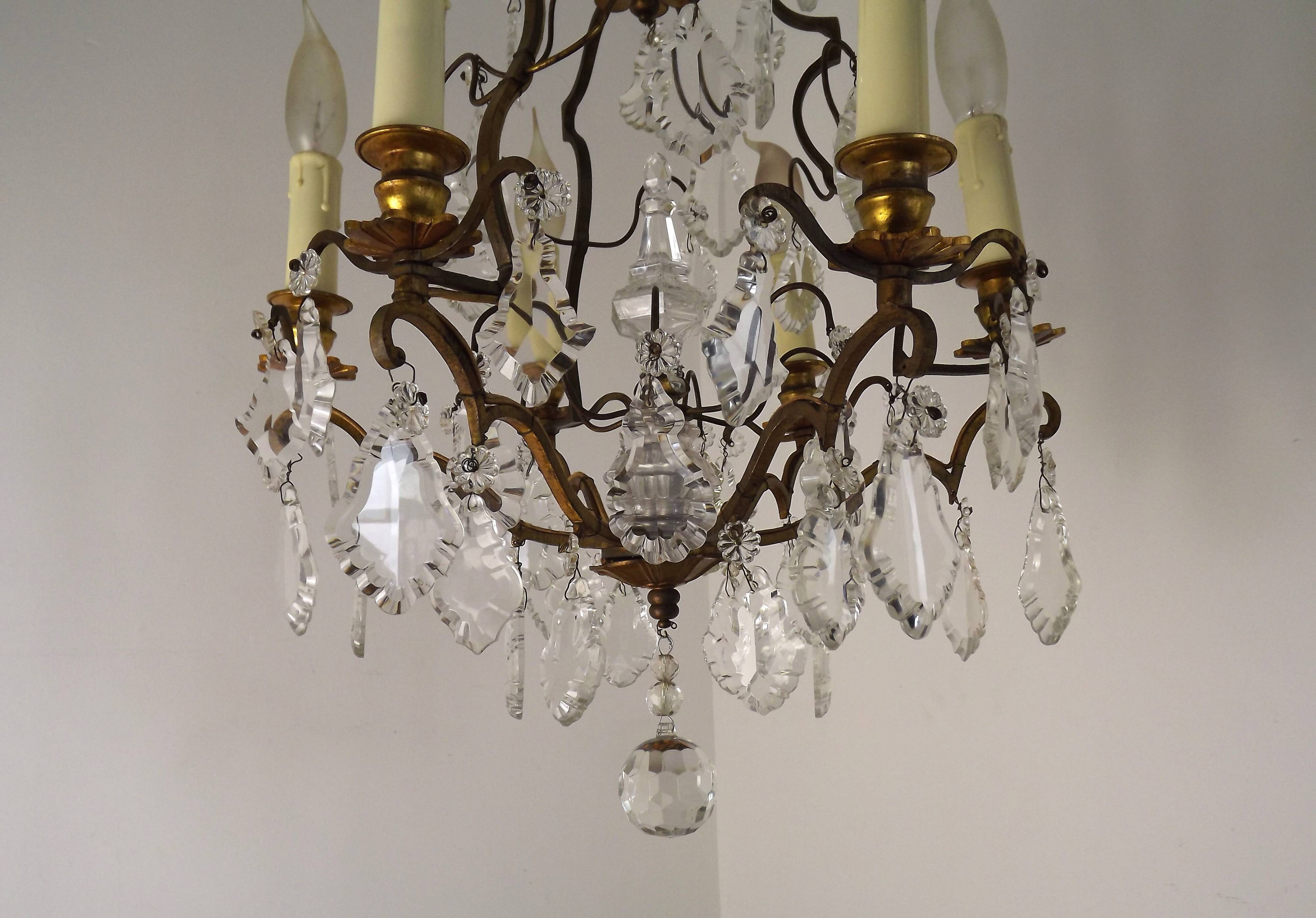French Bronze and Glass 6 Light Cage Chandelier With Assorted Crystals 5518