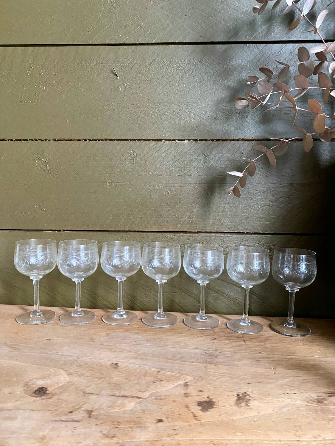 Set of 7 old etched glass stemware