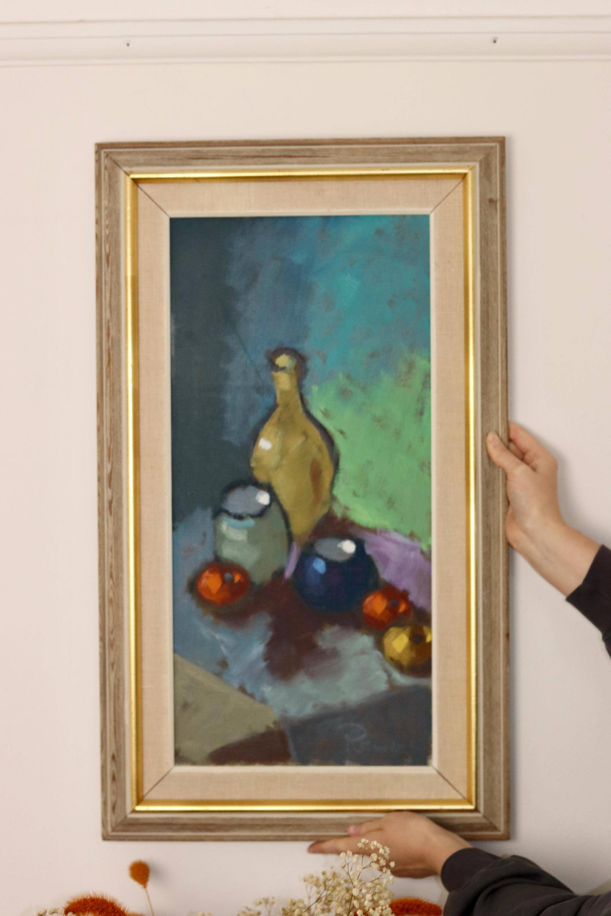 Original Swedish oil on canvas from the mid-1960s "Still Life with Bottles and Fruits" by Kurt